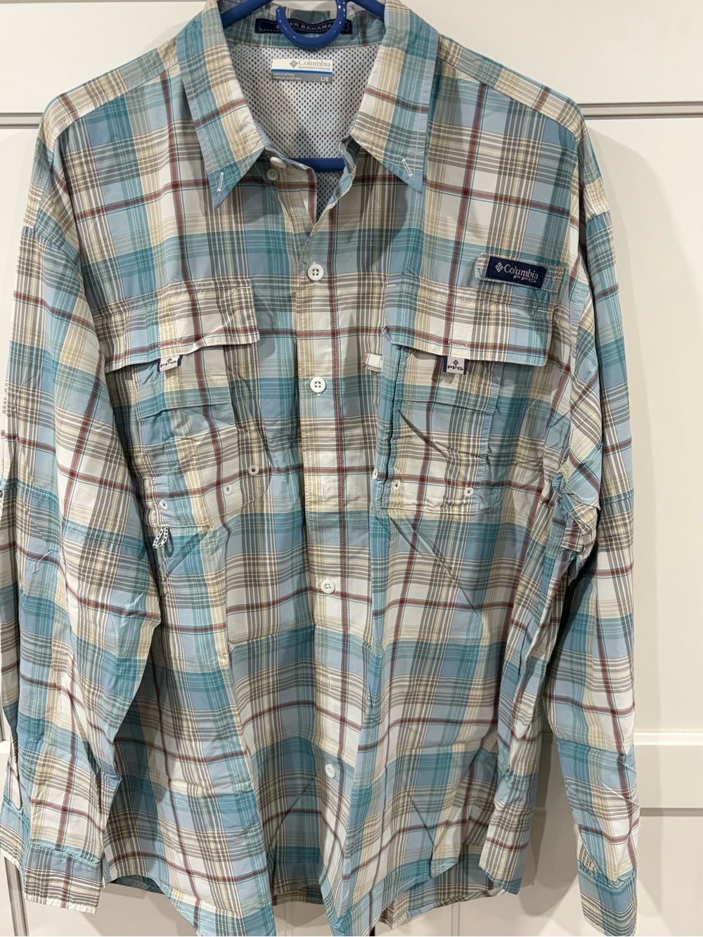 Columbia Men's Plaid Button-Up Shirt in Blue, Cream & Brown